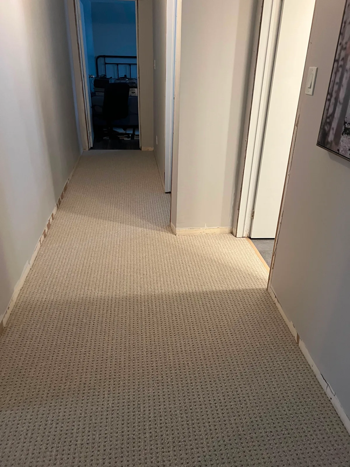 A basement hallway carpeted wall to wall in a cream textured loop, running past the doorways to the room beyond